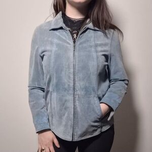 Coldwater Creek VTG Y2K Denim Blue 100% Seude Calf Leather Coastal Cowgirl Coat